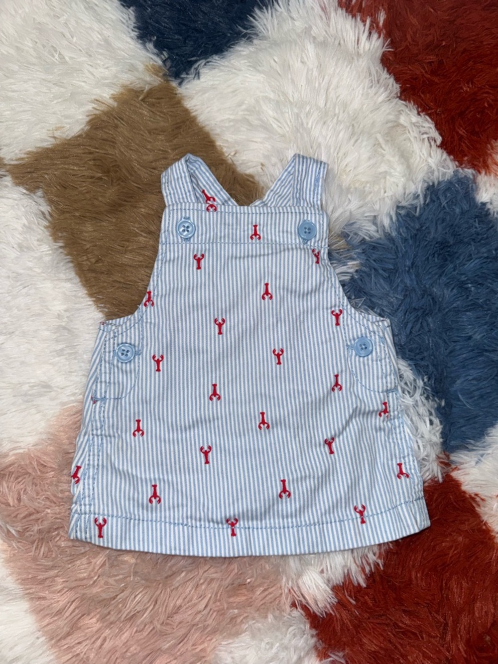 Blue & White Striped Baby Overall Dress with Red Lobster